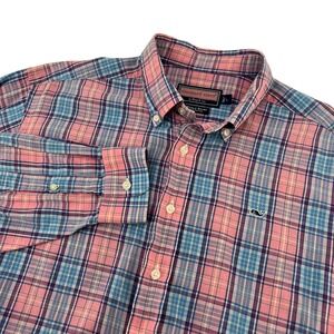 Vineyard Vines Mens Large Whale Shirt Pink Blue Plaid Button Down Cotton L